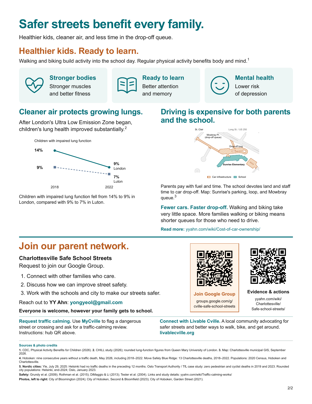 Safe School Streets flyer, page 2: health benefits, driving costs, the parent network, MyCville requests, and Livable Cville.